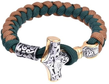 Viking Rostfritt Stål Mjolnir Paracord Armband För Män - Nordic Vintage Celtic Knot Thor's Hammer Braided Bead Armband - Medeltida Punk Mode Armband Piratsmycken(Gold_19CM)