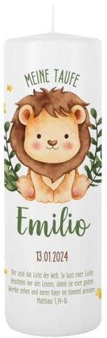 Striefchen® Taufkerze 250/80 mm mit Tiermotiven und Aufdruck des Namen und Datum sowie Taufspruch (Löwe)
