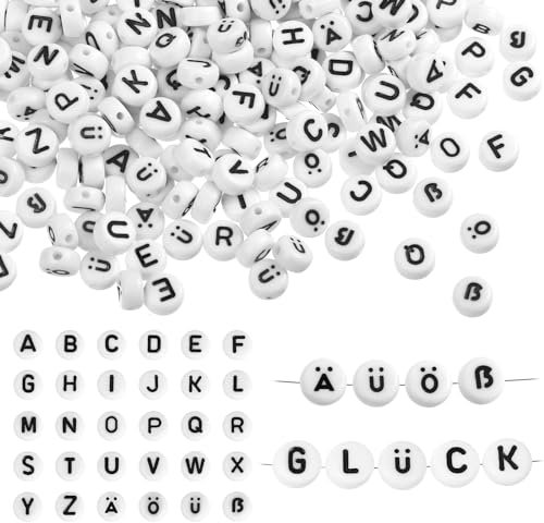Naler 400 Stück Buchstabenperlen Ä Ö Ü ß 7 mm Rund Alphabet Spacer Perlen für Schmuck Basteln DIY