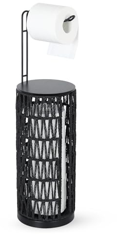 Black Freestanding Toilet Paper Holder with Storage,3 Rolls of Tissue Holder for Bathroom,Handmade Woven Toilet Paper Roll Holder Stand,Rattan Sturdy Boho Bathroom