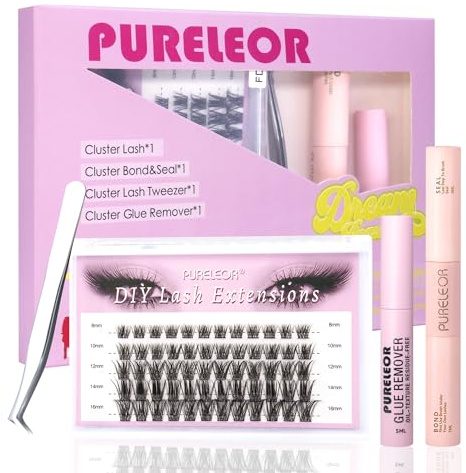Cluster Lashes DIY Eyelash Extensions Kit with Bond and Seal Lash Applicators Individual Lashes Remover Kit Wispy Fluffy (60pcs 8-16MM)