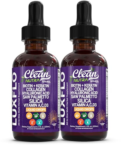 Biotin Liquid Drops Collagen Keratin Hyaluronic Acid Saw Palmetto for Hair Skin and Nails Silica Vitamin A C Vitamin D Bamboo Turmeric Zinc Folate Magnesium Horsetail LuxGlo By Clean Nutra - 2Pack