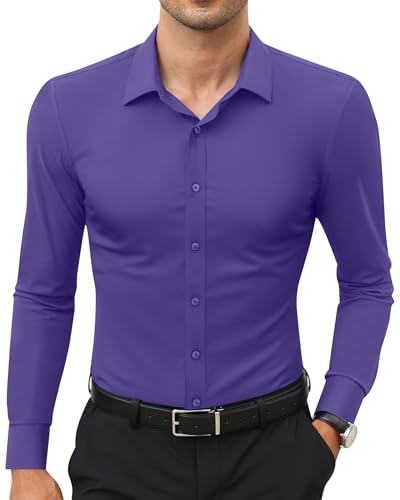 siliteelon Stretch Men Shirts Slim Fit Shirt Men Non Iron Casual Formal Shirts for Men Adult Athletic Sport Work Office Wedding Party Concerts Purple,Medium