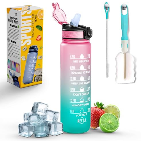 Roe Tenpo Sports Water Bottle with Straw and Time Marking, and 32OZ Capacity - Motivational and Eco-Friendly BPA-Free Bottle for Running, Gym, Yoga, Outdoors, and Camping (Style-1, Pink-Mint Green)