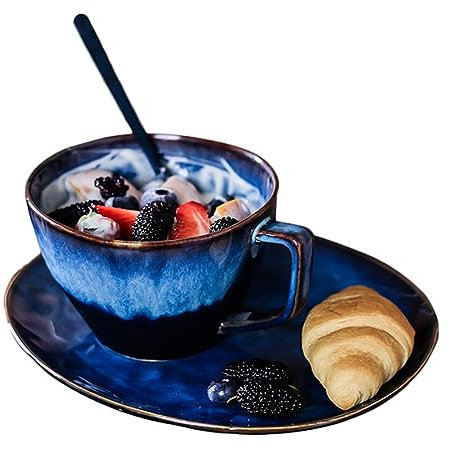 JKXLSLAX Breakfast Tableware Set with Spoon 480ML Soup Bowls Mugs 9 Inch Ceramic Plates,Milk Breakfast Dessert Plate for Cereal, Home Office Party, Bread Dipping Bowls, 3 Piece