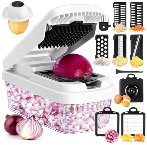 Hachoir à légumes multifonction 12 en 1, hachoir à oignons professionnel avec 7 lames, coupe-légumes avec récipient pour salade, pommes de terre, carottes et ail ; outil de cuisine essentiel (blanc)