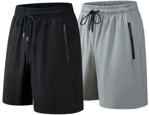 shepretty Pantaloncini Uomo, Pantaloni Corti Pantaloncini Sportivi con Tasche Zip, Pantaloncino Tuta Training Shorts di Coulisse, Asciugatura Rapida Traspirante,524,Nero+Grigio Chiaro,S