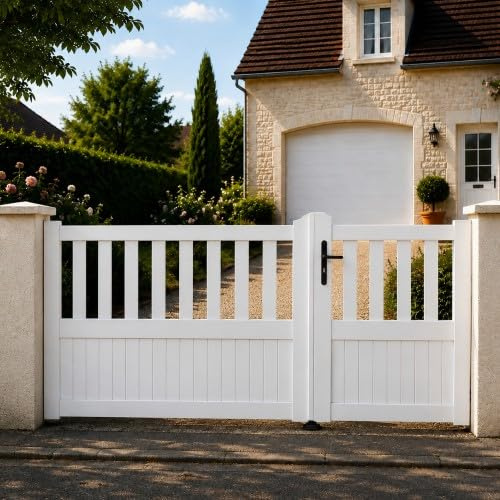 Gefradis Portail battant Manuel PVC Blanc Structure renforcée Largeur 250 cm x Hauteur 125 cm Semi ajouré Etretat