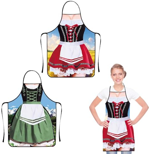 Oktoberfest Outfit Women – 2PCS Bavarian Style Aprons with Traditional Dirndl Print, Fun Fancy Dress for German Beer Festival, BBQ & Themed Party Events
