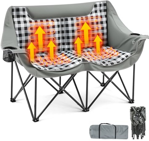 Padded Heated Double Camping Chair for Adults, 4 Heating Zones & 3 Heat Levels, Padded Loveseat Oversize Folding Chair Portable for Outdoor Sports Lawn, Use 5v/3a Power Bank(Gray Plaid)
