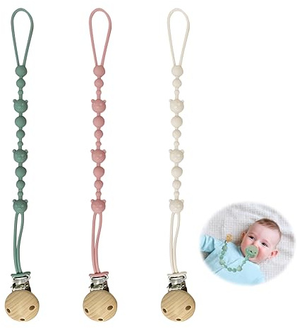 Lote de 3 ataduras de silicona para chupetes, de una sola pieza, cierre de chupete de silicona, elásticos y robustos, cadena flexible Soothie clip para niños niña (verde, beige, morado claro