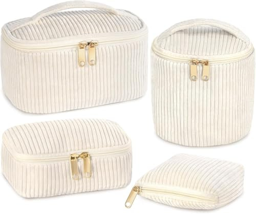 Wusboo Set 4 Beauty Case da Viaggio Donna, Beige Beauty Case Donna | Set Porta Make-Up da Viaggio Portatile con Fodera in Raso, Grande Borsa da Toilette per Donna per Uso Quotidiano e Viaggi