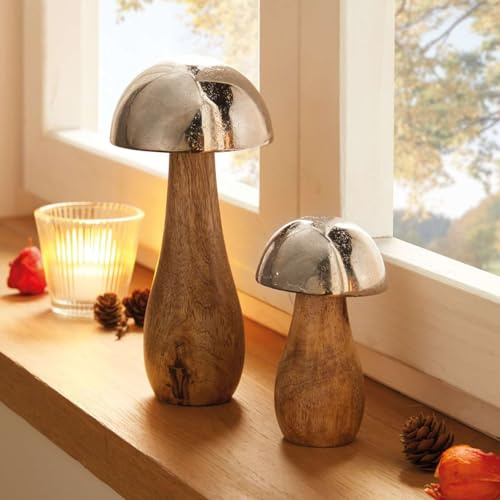 Dekoleidenschaft 2X Pilz Mangoholz aus Holz mit Hut aus Aluminium in Antik Optik, große Dekopilze, 11 + 18 cm hoch, Dekofigur Pilzset Silber & Natur, Herbst-Deko Pilze
