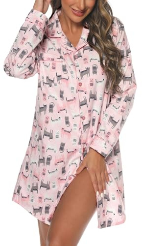MIA LUCCE Camicia da notte da donna in flanella, a maniche lunghe, con bottoni, Gatto rosa., XXL