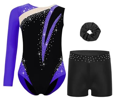 Yruioon 3Pcs Mädchen Turnanzug Glitzer Gymnastikanzug mit Shorts Haarband Ein-Schulter Langarm Gymnastik Leotard Tanzanzug Wettbewerb Tanzkostüm