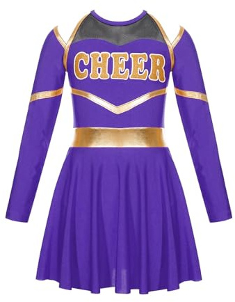 WSQHAO Barn Flickor Cheerleading Uniform Kostym Långärmad Blommig Dans Klänning Huvudbonad Randiga Strumpor för scenuppträdanden För Kvinnor (Burple,12)