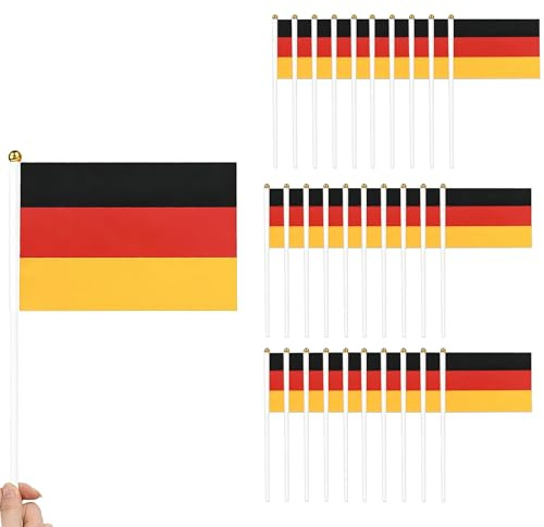 Vordpe 30 banderas de Alemania con varilla, 14 x 21 cm, mini banderas hechas a mano, bandera pequeña de Alemania, bandera de mano, para decoración del mundo 2026, decoración de fiesta de fútbol de