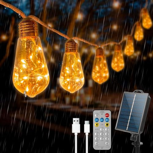 Guirlande Lumineuse Exterieure, Guirlande Guinguette Solaire avec 16 Ampoules, Corde de Chanvre 6.4M, 8 Modes IP65 Étanche, Télécommande et Chargement USB, pour Jardins, Cours, Bistrots,Pavillon