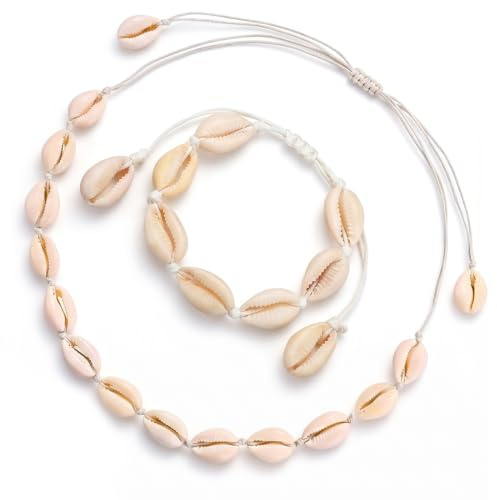 BQRKOTM 1 Set Muschel Halskette und Armband, beige, natürliche Muschelketten für Damen, Boho-Schmuck