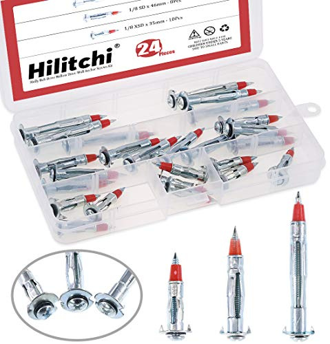 Hilitchi 24-Pcs [3-Sizes] 35mm 46mm 59mm Long Hollow Wall Drive Anchors Assortment Kit Zinc Plated Steel Heavy Duty Philips Round Headed Molly Bolt Drive for Drywall