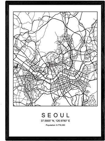 Nacnic Lámina mapa de la ciudad Seoul estilo nordico en blanco y negro. Poster tamaño A4 Sin marco Impreso papel 250 gr. Cuadros, láminas y posters para salon y dormitorio