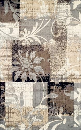 Superior Indoor Area Rug, Jute Backed, Perfect for Office, Living/Dining Room, Bedroom, Kitchen, Hallway, Entryway, Floor, Modern Floral Patchwork Decor, Pastiche Collection, 9' x 12', Beige