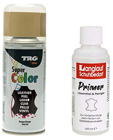 TRG Lederfarbspray 150ml Lederfarbe + Primer & Lederreiniger 100ml für Glattleder | Spray für Schuhe, Kunstleder & Stoffe, starke Deckkraft, viele Farben inkl. Metallic (beige 349/58)