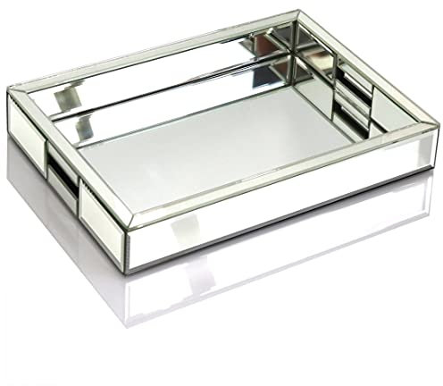 Plateau décoratif rectangulaire argenté avec Miroir, Dimensions : 27,9 cm de Long x 35,6 cm de Large x 5,1 cm de Haut, Organiseur de courtoisie Miroir avec Main, Plateau à Bijoux pour Salle de Bain,