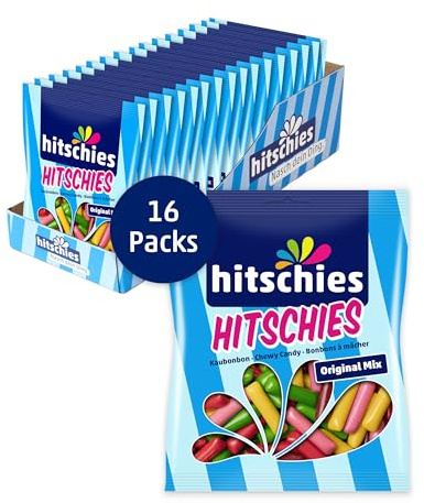 Hitschies Original Mix - Fruchtig-knackige Kaubonbons mit Softem Kern - Erdbeere, Apfel, Kirsche, Zitrone & Himbeere - Glutenfrei & Halal - 16 x 150g