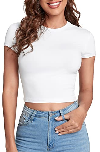 Verdusa Women's Basic Casual Summer Crop Tee Tops Slim Fitted Cropped T Shirts Y2k Clothes White Medium