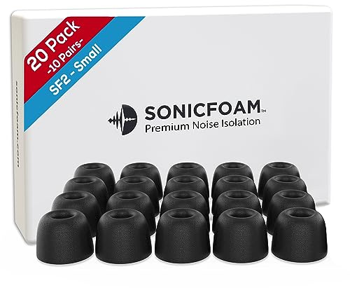 SONICFOAM Lot de 20 embouts en mousse à mémoire de forme – Isolation sonore de qualité supérieure – Embouts de rechange en mousse pour écouteurs intra-auriculaires (SF2 S, noir)