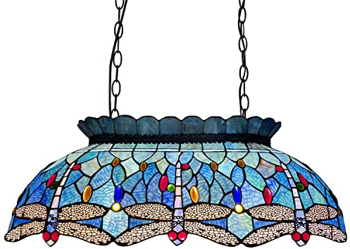 Capulina Tiffany Lamp Stained Glass Pool Table Light Chandelier 3-Light 28 Wide Vintage Blue Dragonfly Tiffany Style Pendant Light Decor for Billiards Dining Room Kitchen Island Farmhouse