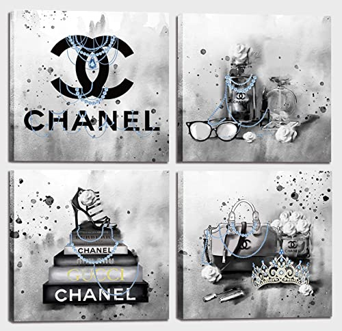 Meetdeceny Fashion Wall-Art For Bedroom Women - Black And White Bathroom Decor Wall Art - Fashion Book Stack Grey Painting Canvas Artwork Size 10x10 4 Pieces Ready To Hang