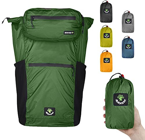 4Monster Faltbarer Rucksack Ultra Leicht, Unisex Tagesrucksack Outdoor, 2in1 Gürteltasche, Wasserdichter Wanderrucksack (Armeegrün,32L)