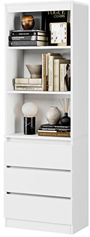 FirFurd Bücherregal mit 3 Schubladen 3 Fächern, 180 cm Hochschrank, Küchenschrank aus Holz, Mehrzweckschrank für Wohnzimmer Büro Küche, Weiß