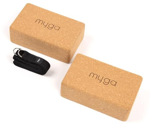 Myga Kork Yoga Zubehör Set | 2 Rutschfeste Kork Yoga Blöcke & Verstellbarer Yoga Gurt | Perfekt für Anfänger & Fortgeschrittene | Unterstützung bei Yoga & Pilates Übungen | Leicht & Tragbar