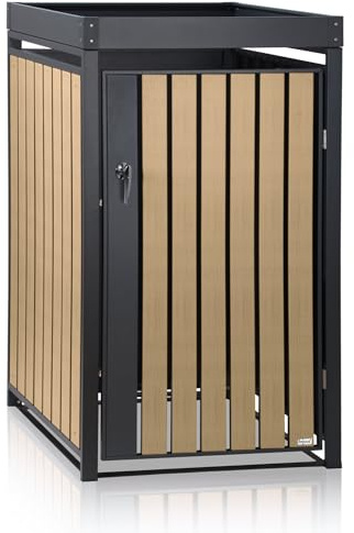 Zelsius Mülltonnenbox 1er mit Pflanzdach für 1 Mülltonne | (B) 68 x (T) 80 x (H) 124 cm | Anthrazit RAL 7016, Tür in Holzoptik mit Erweiterungsmöglichkeit | Mülltonnenverkleidung für 1 Tonne