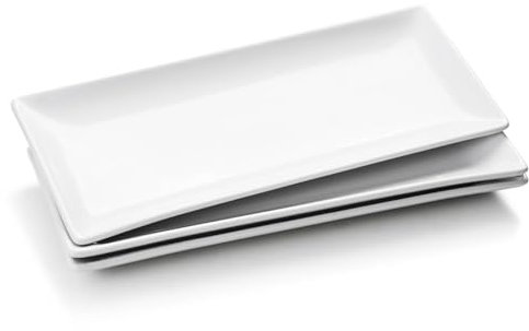 WishDeco Juego de 3 Fuentes Rectangulares, Platos Grandes de Porcelana 35x15 cm, Bandejas Blancas para Filete, Bocadillo, Postre, Ensalada