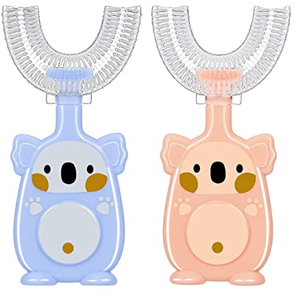 Kinder U-förmige Zahnbürste, 2 Stück Kinderzahnbürste U Form, 360 Grad Zahnbürste für den Ganzen Mund, Silikon Kinderzahnbürste U Form 2-4 Jahren (Pink + Blau)
