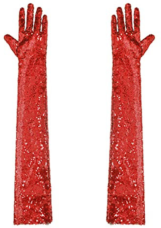 TiaoBug Damen Glänzend Pailletten Handschuhe Vollfinger Festlich Lange Abendhandschuhe Braut Armstulpen Party Hochzeit Fäustlinge Rot Einheitsgröße