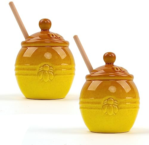 Rocutus Ceramic Honey Pot with Dipper, Lid & Wooden Stirrer - 2 Pack Elegant Honey Jar, Kitchen Storage, Honey Dispenser, Bee Lover Gift, Durable Stoneware, Easy Clean,11.8 OZ