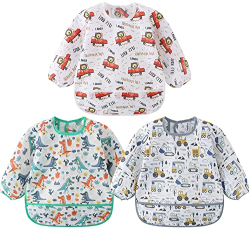 Yealoo 3 Pezzi Bavaglini con Maniche Impermeabile Bavaglino a Manica Lunga Grembiule Pappa 5-30 Mesi