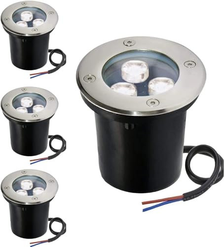 Esenlong 4Pcs Buried Lights, 3W Outdoor Ground Light Cool White Recessed Walk Over Round Landscape Lamp IP67 Waterproof Decking Lights for Driveway, Garden, Pathway, Patio, AC85-265V