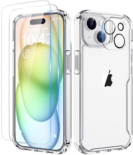 ORETECH für iPhone 15 Hülle mit 2 Schutzfolie, Durchsichtig | Kameraschutz, Militärschutz Stoßfeste Kratzfeste Transparent Rückseite Handyhülle für iPhone 15