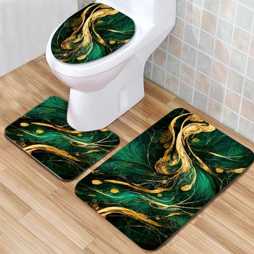 Badezimmerteppich Set Marmor Gold und Grün 3D Drucken Badematten Saugfähige Teppich Badteppiche Toilettensitzbezug Mat U-Förmige Matte 3-Teiliges Badezimmer Set