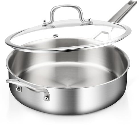 YEKSUM Stainless Steel Saute Pan, 5 Quart Three Layer Skillet, 12 Inch Deep Frying Pan with Lids, Fits All Hobs up to 650 F, Large
