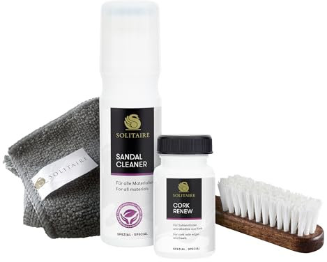 SOLITAIRE Kork-Sandalen Reinigungs- und Pflegeset 4-tlg., Reinigung und Pflege von Sandalen, Hausschuhen und offenen Schuhen mit Korksohlen. Inkl. Sandalen-Reiniger, Korkpflege, Bürste Mikrofasertuch