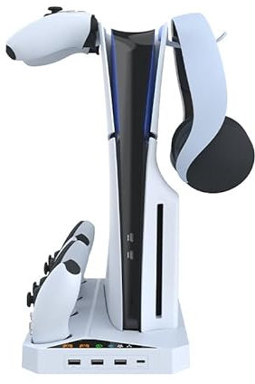 BeisDirect Vertikaler Ständer mit Lüfter für PS5 Slim Optische Digitale Konsole Multifunktionale Kühlbasis für Playstaion Slim 5 mit P5 Controller Ladegerät Headset-Aufhänger