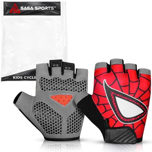 SAGA SPORTS Half Finger Kids Cycling Gloves| Non-Slip, Padded, Antislip, Fingerless Kids Bike Gloves for Boys and Girls | Ideal for BMX, MTB, Gymnastics (Red, Large [8-10])