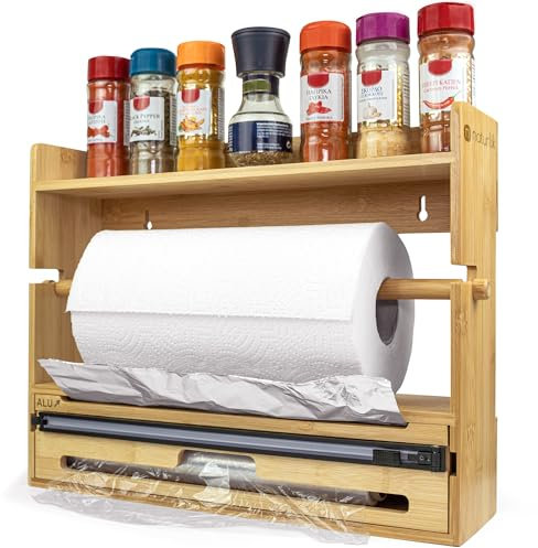 naturlik 4-in-1 Folienschneider: Frischhaltefolienspender, Küchenrollenhalter, Alufolienspender & Gewürzregal – Premium Wandrollenhalter für die Küche